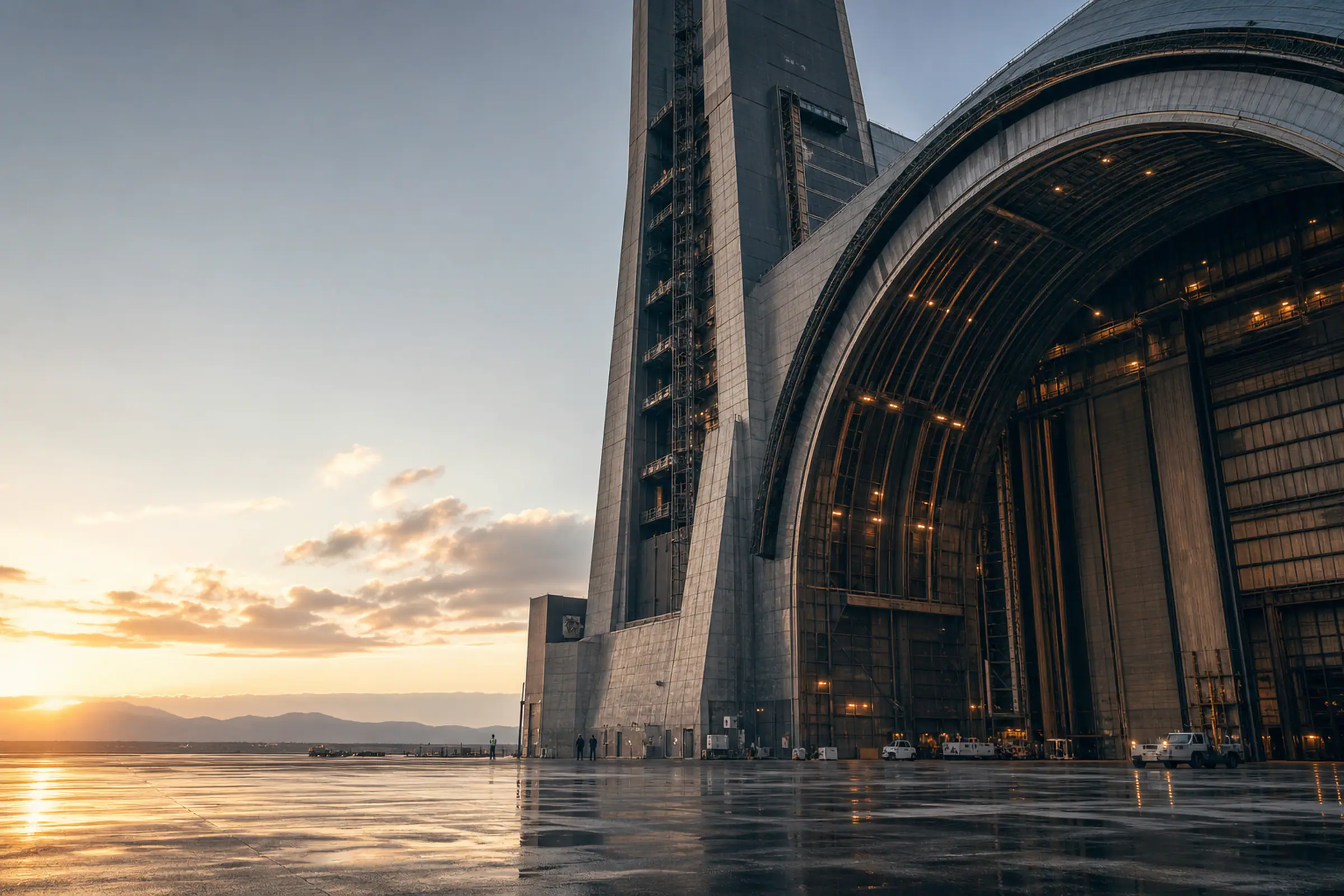 A monumental aerospace test structure at dawn