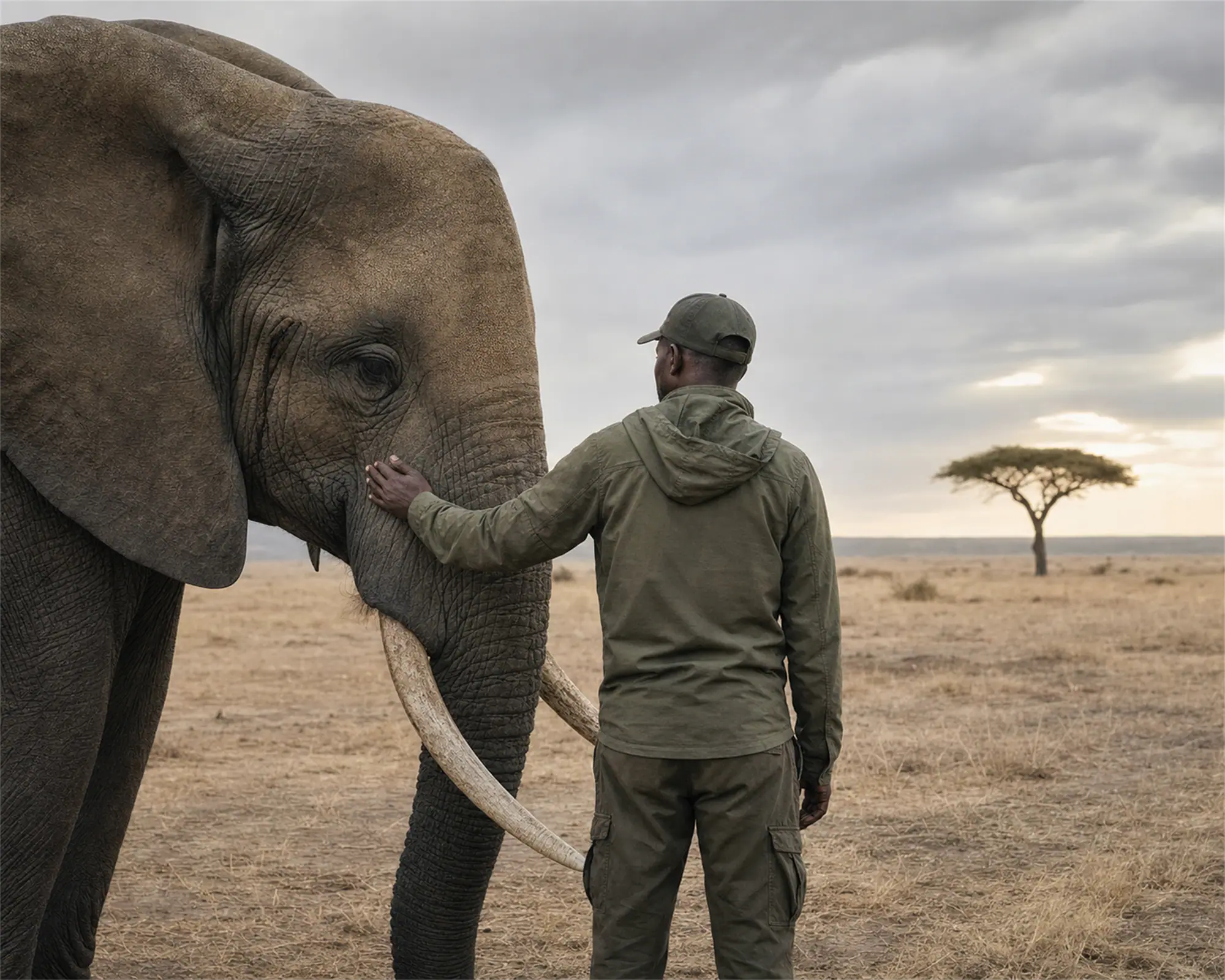 A conservation technologist observing an elephant in the field